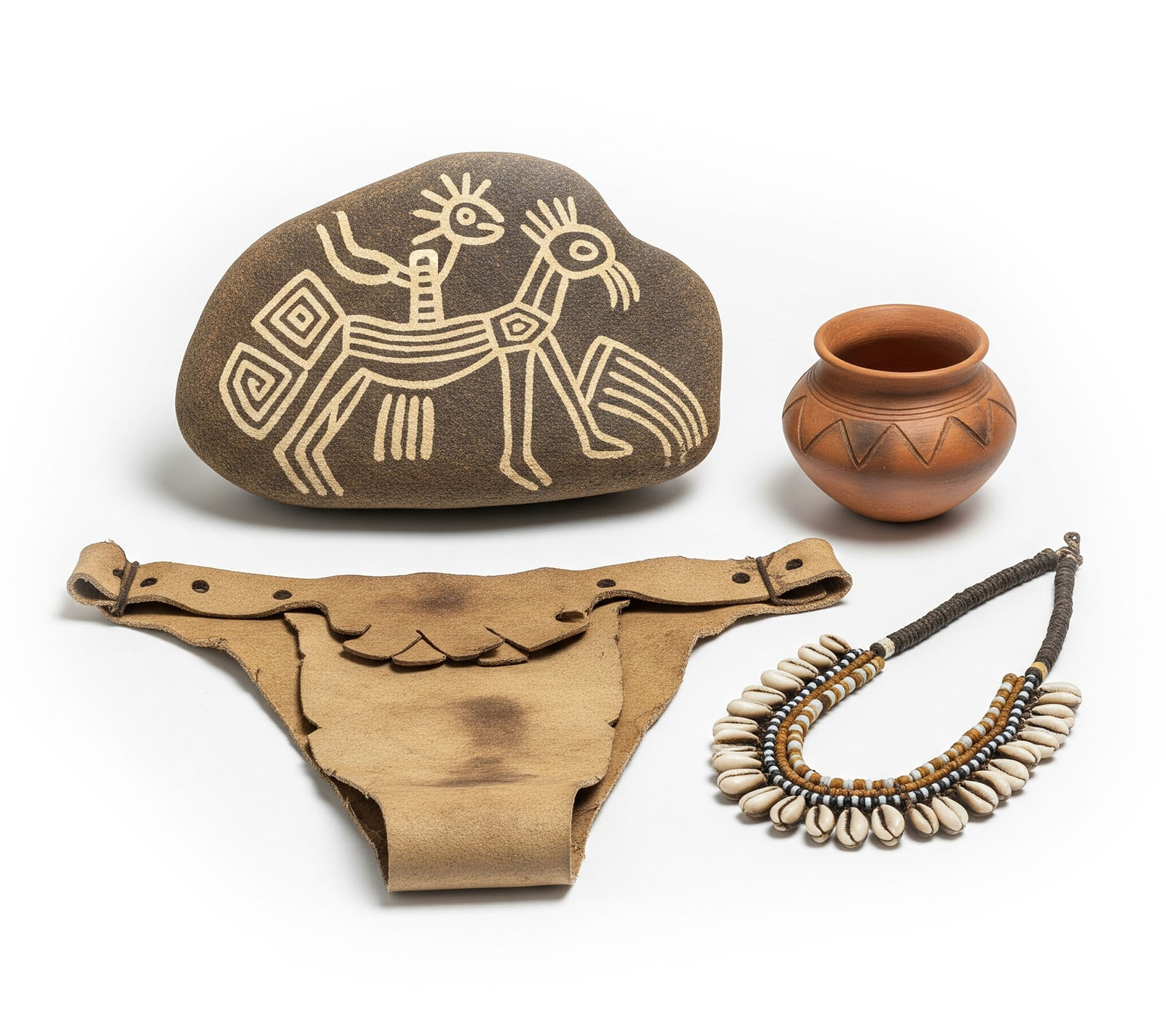Collection of Khoisan cultural artifacts including a rock with painting, leather loincloth, ceramic pot, and ostrich egg bead necklace