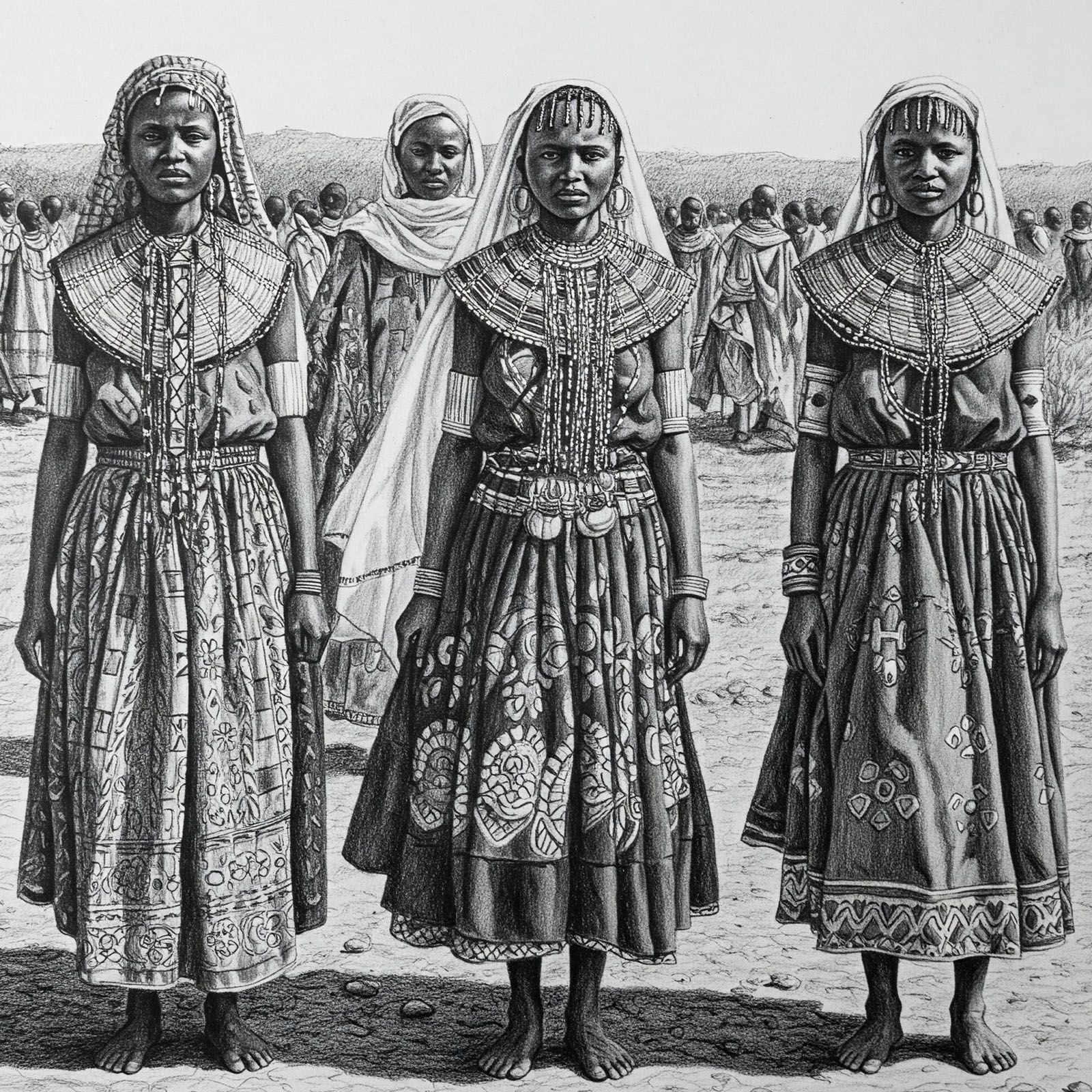 Illustration of African women in conservative clothing imposed by foreign cultural norms, symbolizing lost traditions.
