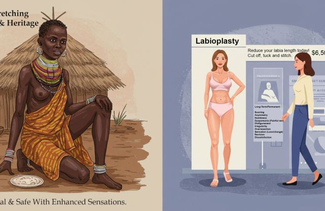 Illustration des Tabus der Schamlippen-Dehnung und des kulturellen Stigmas