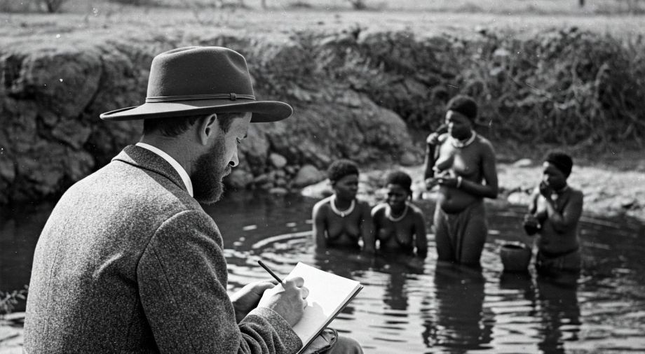 Explorador europeo toma notas mientras observa a mujeres khoisan bañándose en un estanque natural