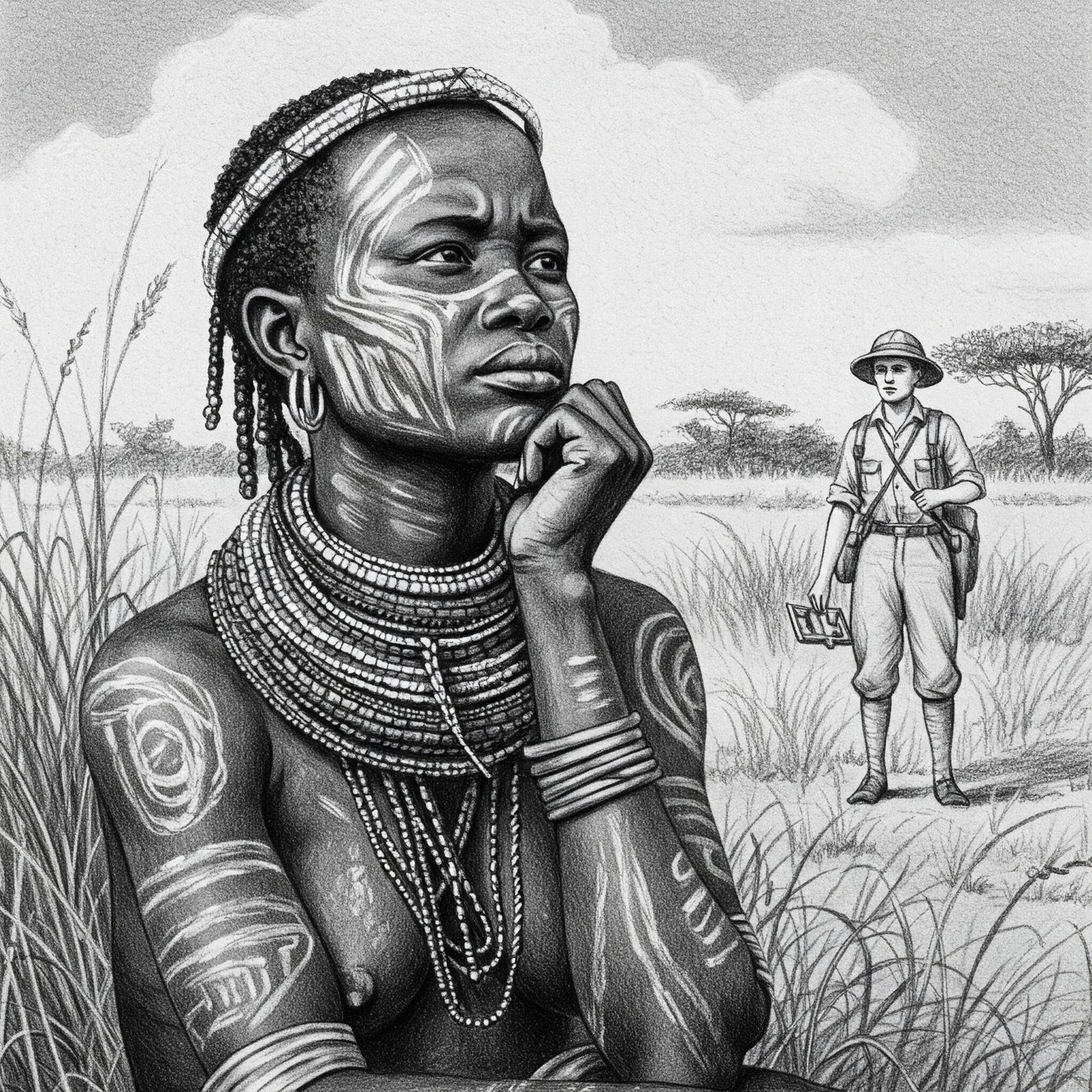 Illustration of a traditional Khoisan woman seated in a grass field with body paint, as an early European explorer watches from the background.
