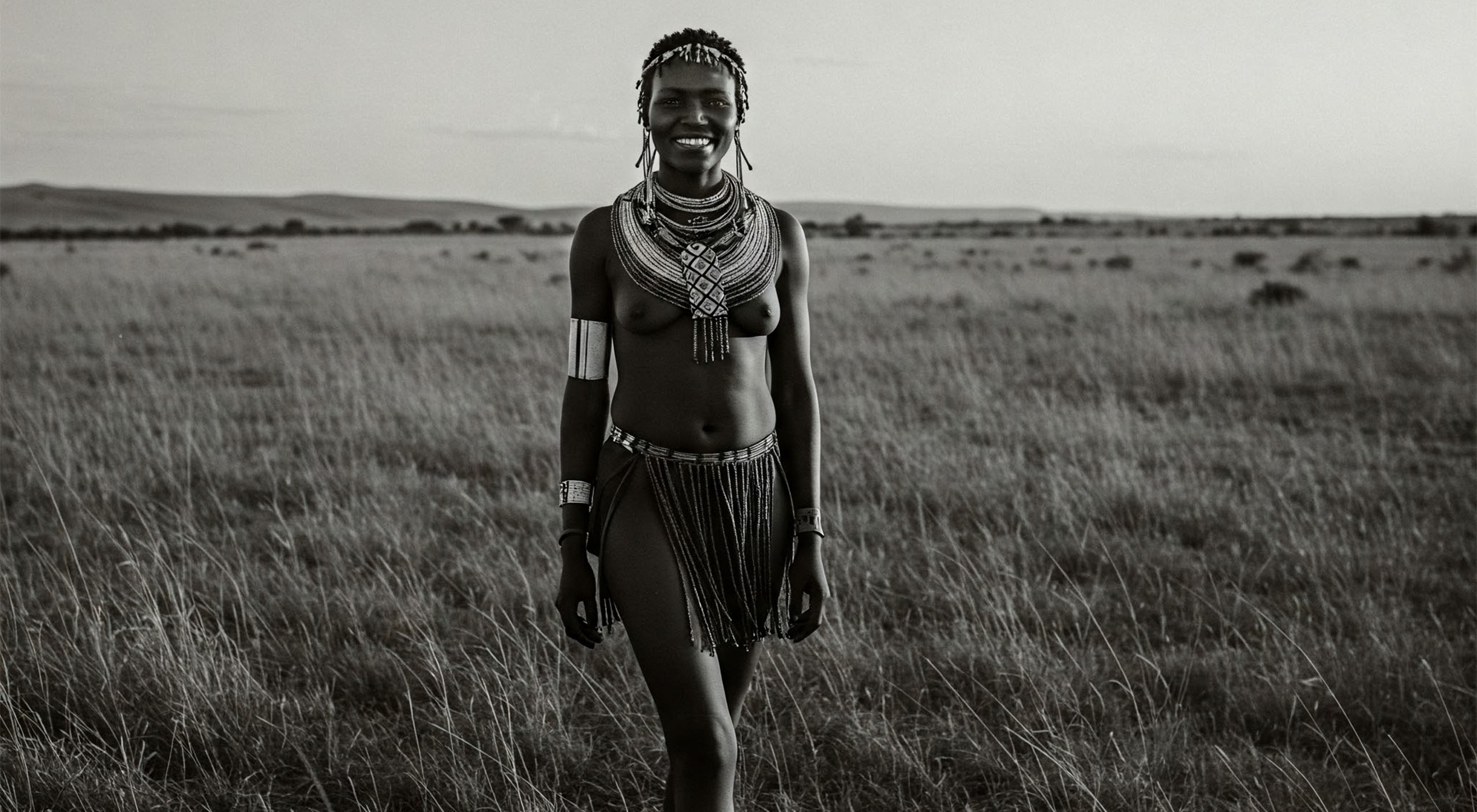Khoisan woman smiling in a grassy field while talking about her labia stretching experience.