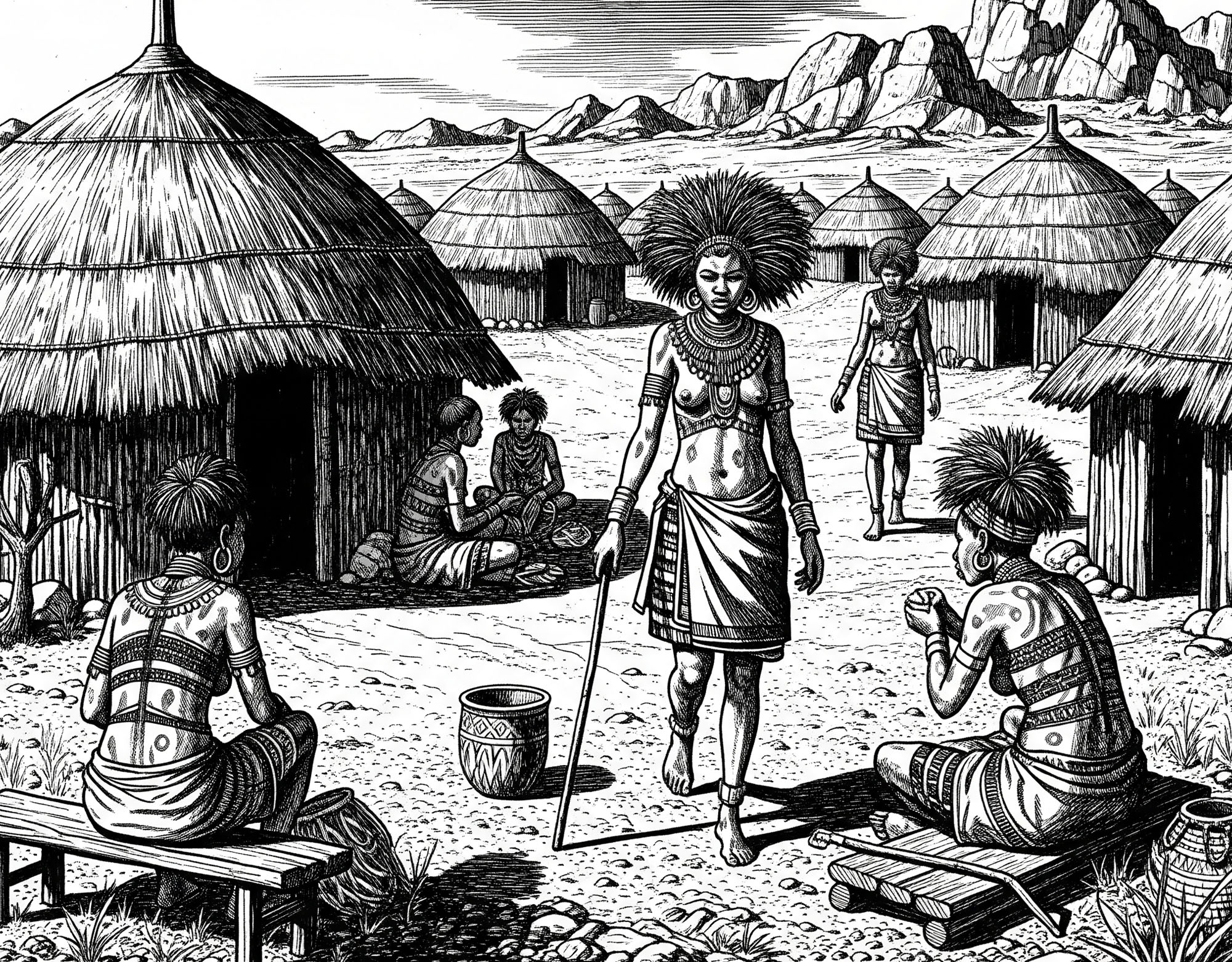 Black and white ink drawing of a traditional Khoisan village where women practiced labia stretching, with women walking, sitting near huts, and adorned in body paint.