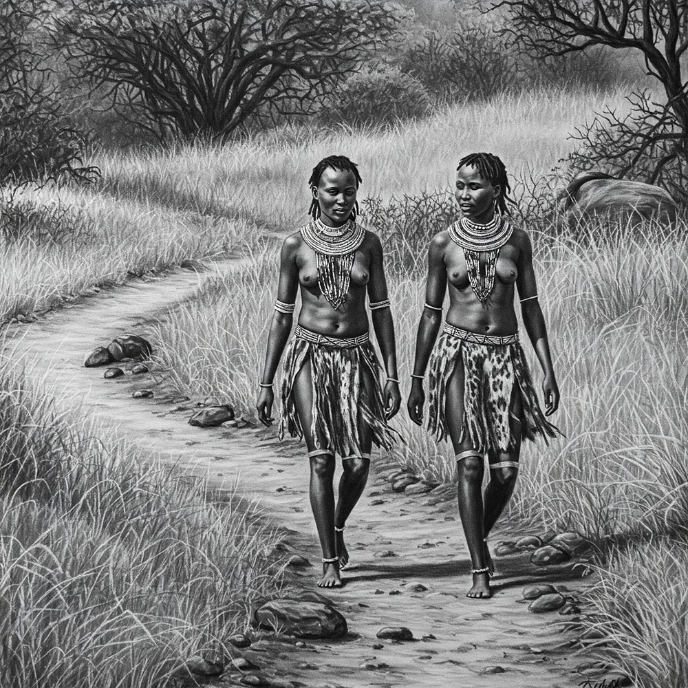 Two Khoisan women walking along a path surrounded by trees and grass.