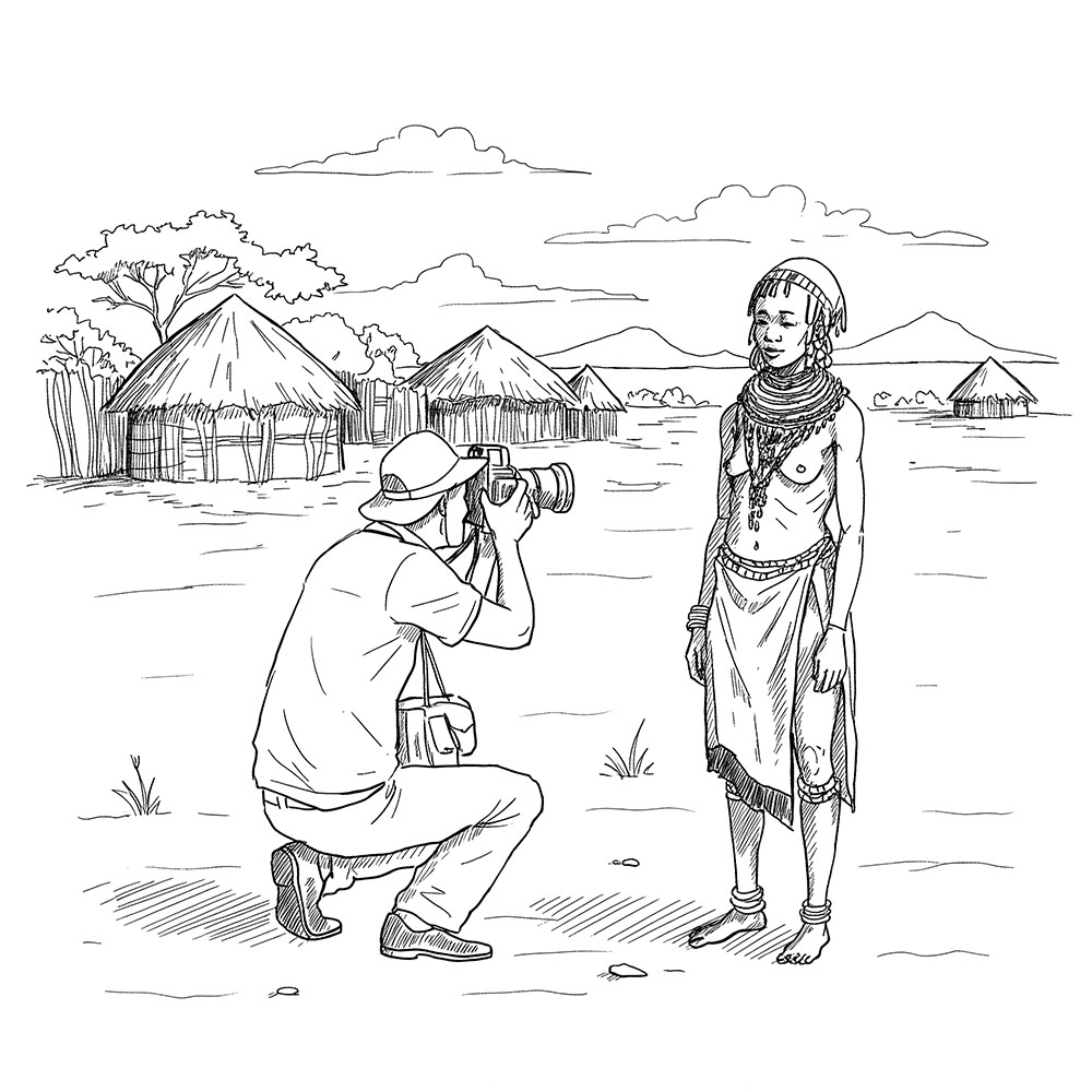 Illustration d’un homme photographiant une femme khoïsan devant son village