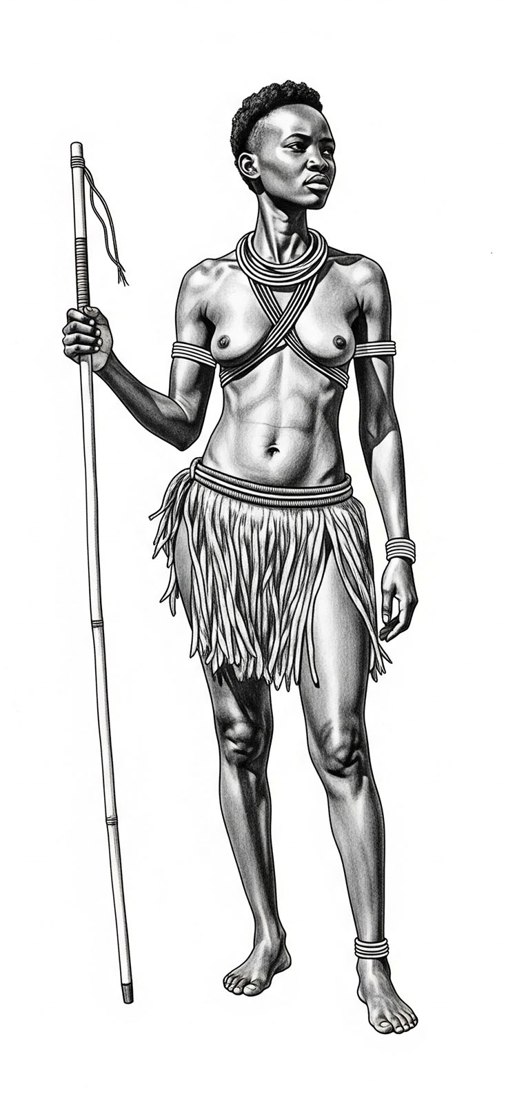 Eine Grafitzeichnung mit wei&szlig;em Hintergrund, die eine Khoisan-Frau darstellt, die stolz steht und nach vorne blickt, mit einem Wurfstock in ihrer rechten Hand, gekleidet in traditioneller Kleidung mit einem Rock und entbl&ouml;&szlig;ter Brust.