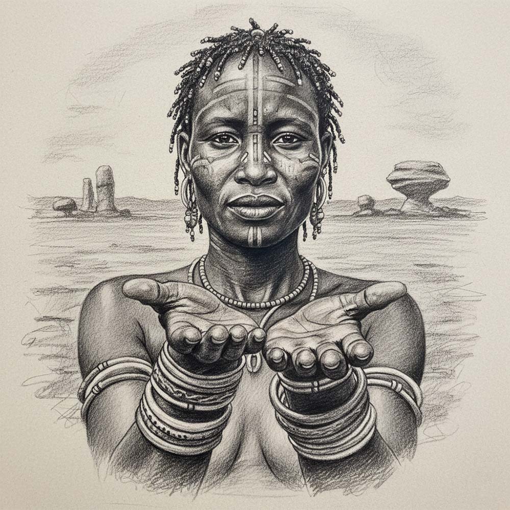 Graphite black and white illustration of a Khoisan woman displaying her hands, symbolizing the traditional practice of manual labia stretching as a personal and cultural teaching.