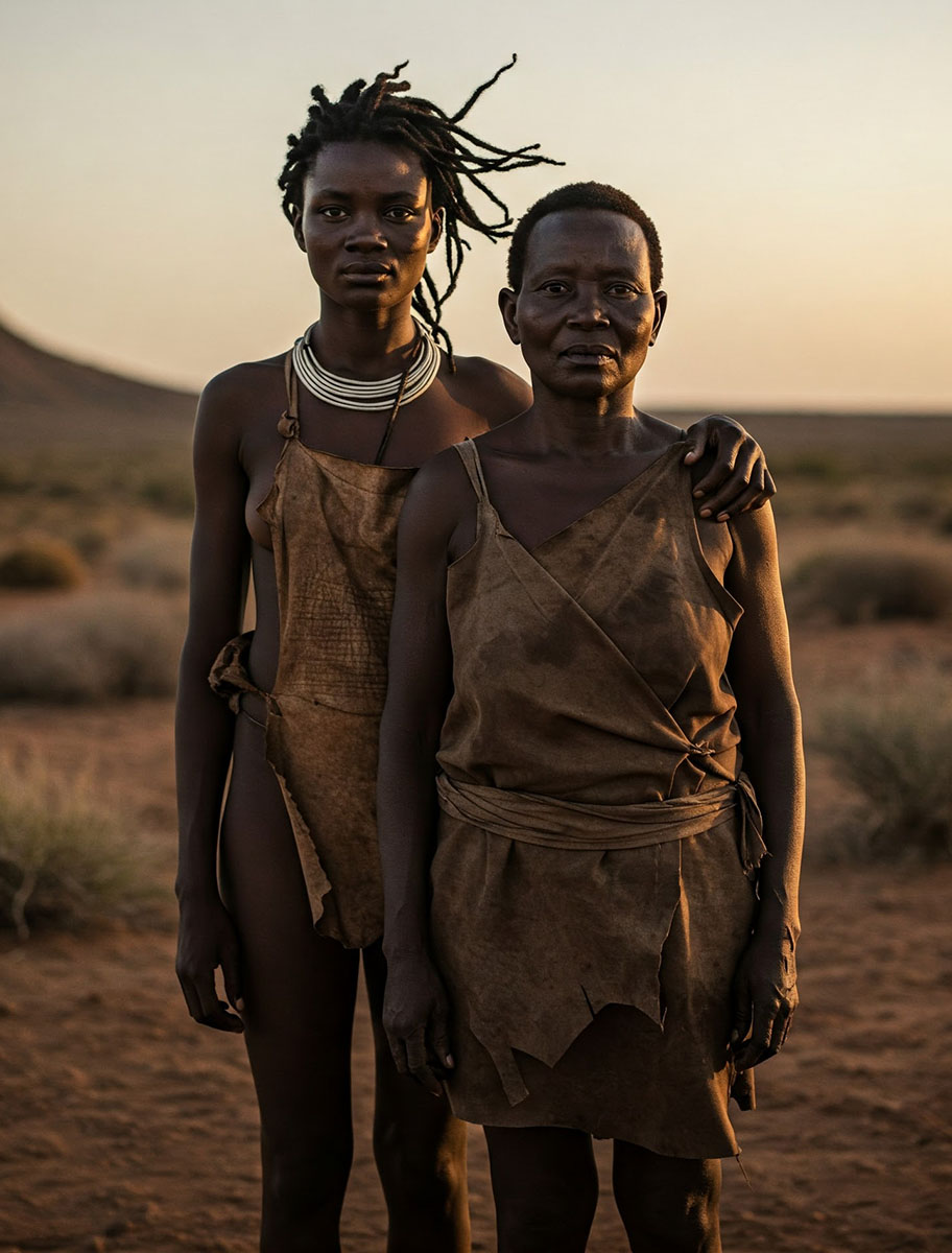 Mulher khoisan na casa dos 40 anos com sua m&atilde;e em uma paisagem &aacute;rida, ambas olhando para a c&acirc;mera.