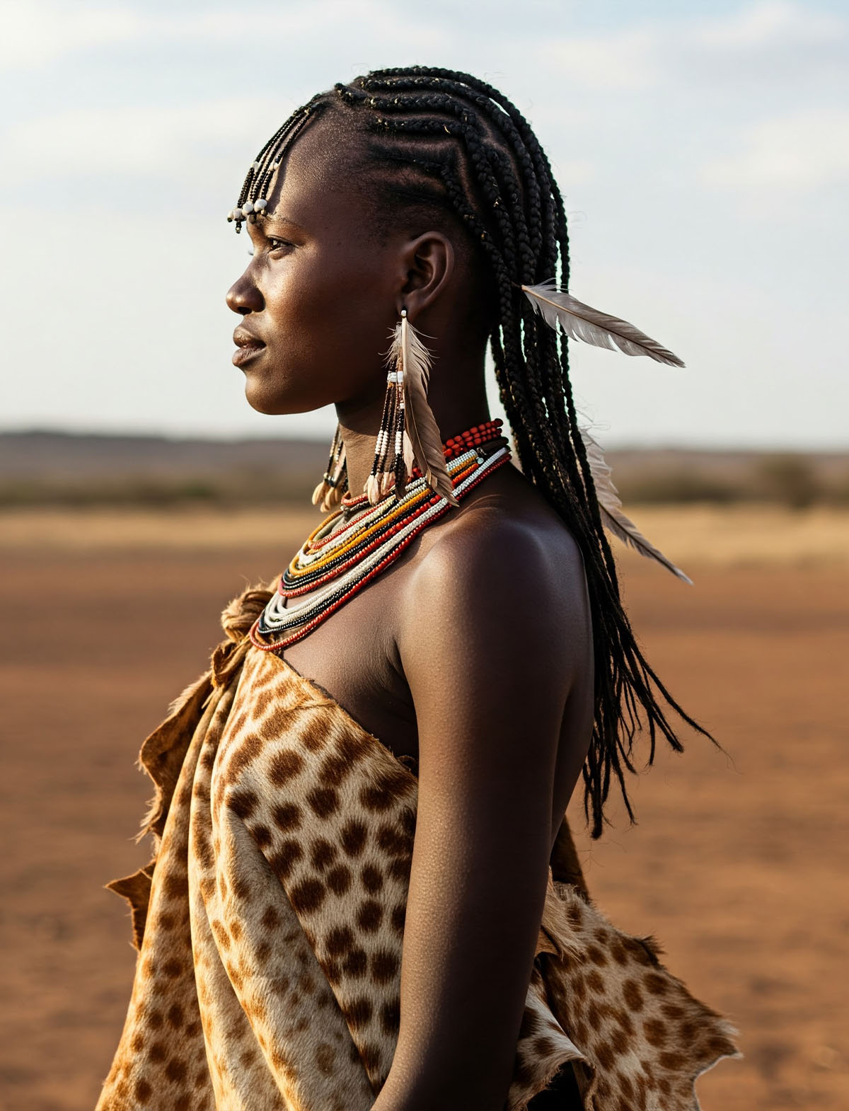 Foto de uma bela mulher Khoisan vestida com trajes tradicionais, parada pensativa em um campo aberto