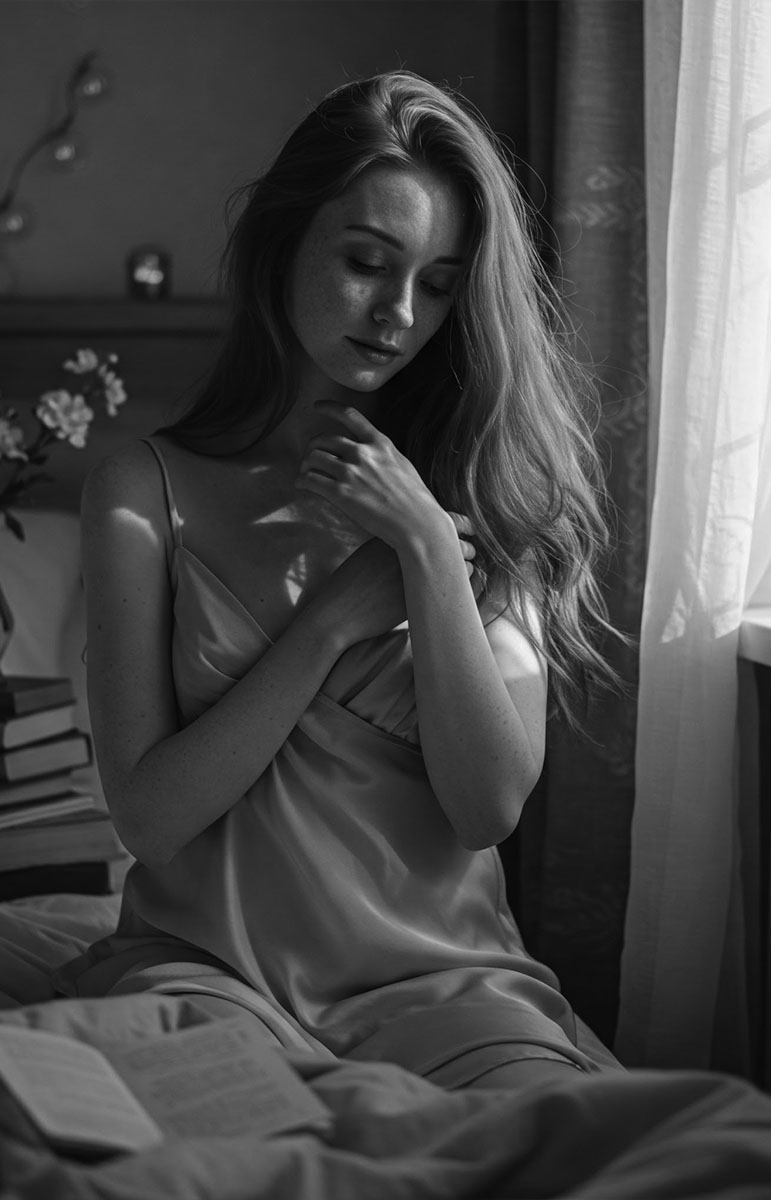 Una mujer con aspecto serio, contemplando la longitud de sus labios menores.