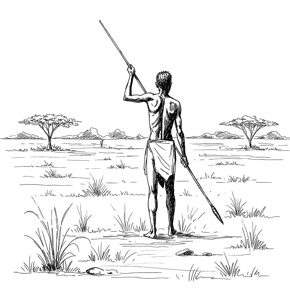 Ilustraci&oacute;n de un hombre khois&aacute;n con lanza esperando en la naturaleza