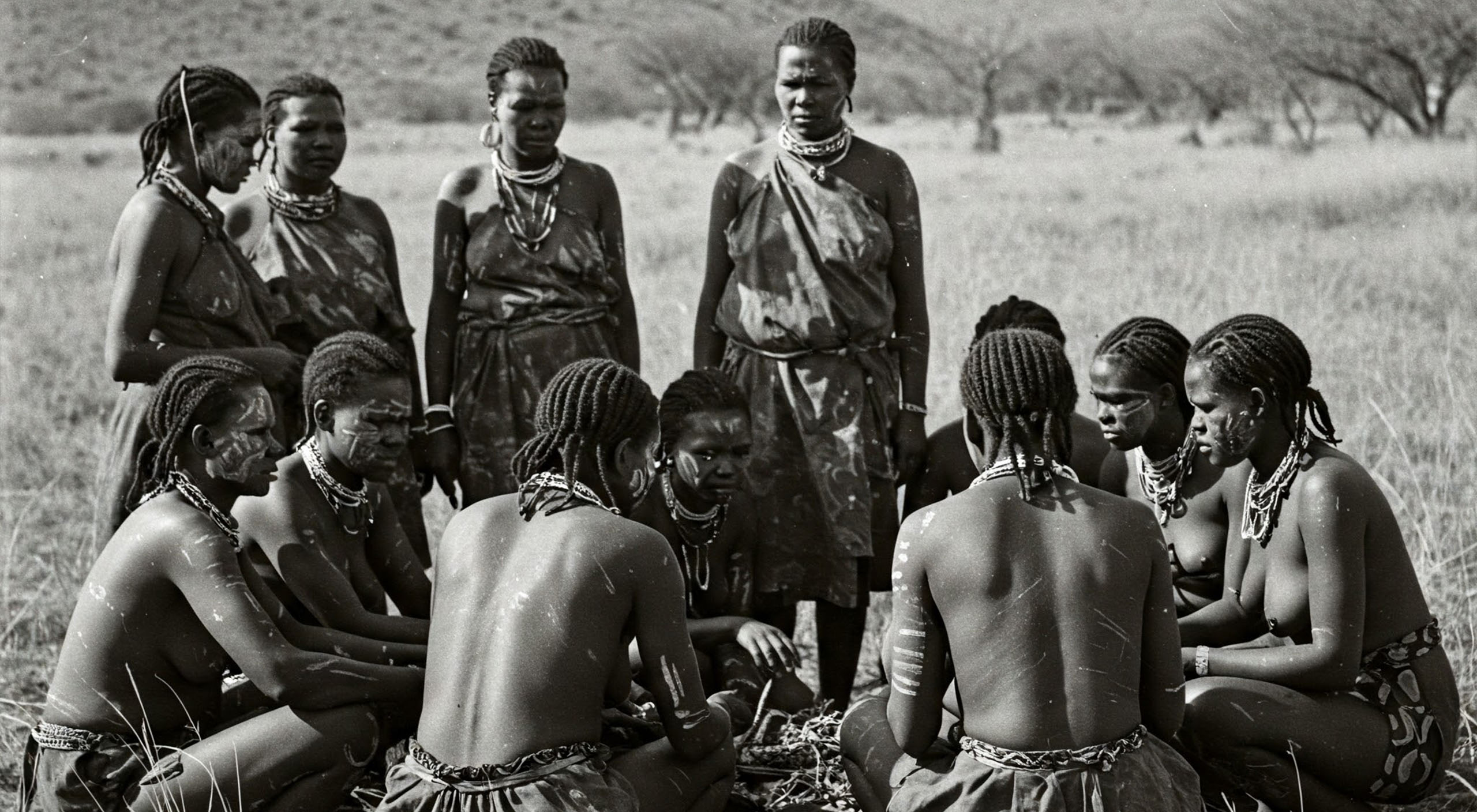 Un grupo de mujeres khoisan adultas reunidas en un campo con &aacute;rboles al fondo, listas para un ritual.