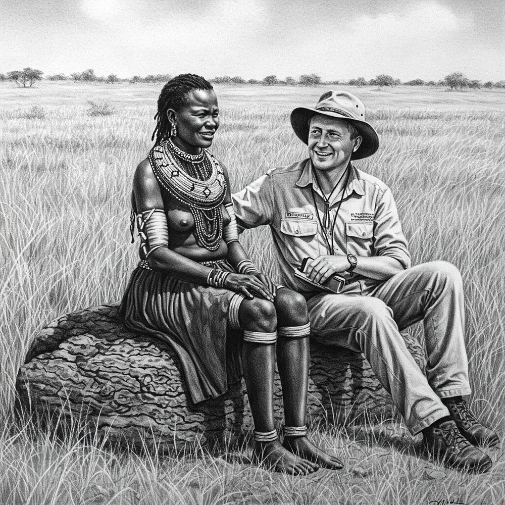 Mchoro wa mwanamke mzee wa Khoisan na mtafiti wa kiume waliokaa juu ya jiwe kwenye shamba la nyasi, wakitabasamu na kuzungumza.