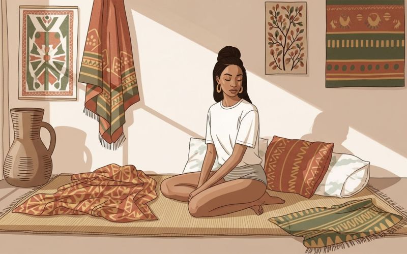 Woman relaxing in a calm bedroom with African-inspired textiles, preparing for a meditative labia stretching ritual