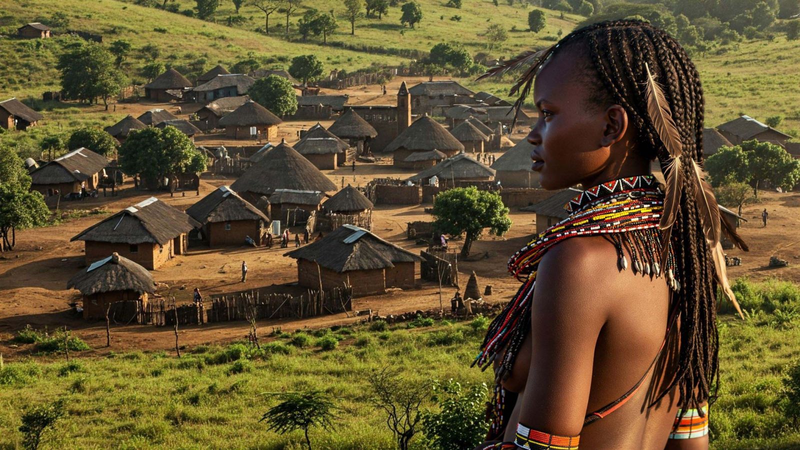 A young African hottentot looking down towards her village