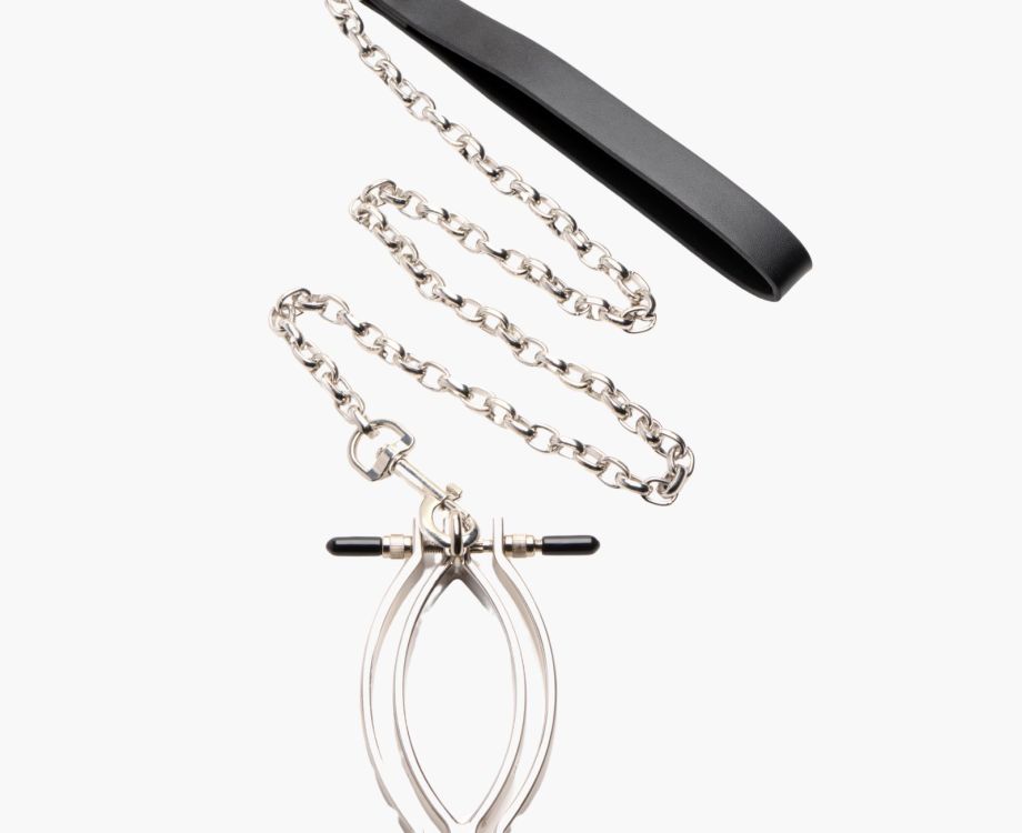 Adjustable Labia Clamp with Leash – Iron Clasp & PU Handle for Sensual Tugging Play