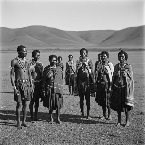 Une photographie en noir et blanc d’un groupe d’hommes et de femmes Khoisan en tenue traditionnelle, debout dans un champ ouvert, avec des collines visibles au loin.