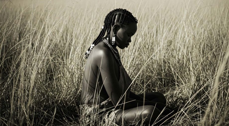 Black and white educational illustration of a Khoisan woman sitting alone in a grass field, representing traditional labia stretching practices in rural settings.
