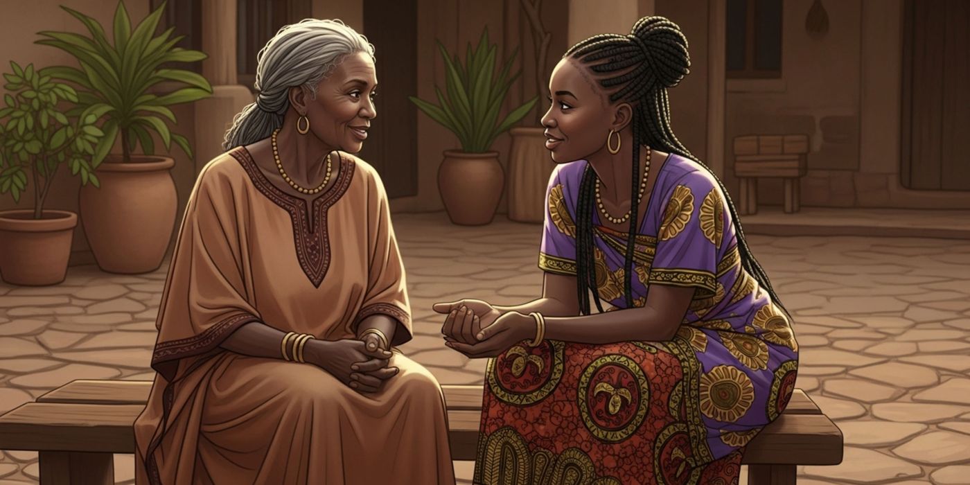 Mujeres africanas mayores y m&aacute;s j&oacute;venes sentadas juntas y hablando, simbolizando la transmisi&oacute;n de las tradiciones de elongaci&oacute;n de labios.