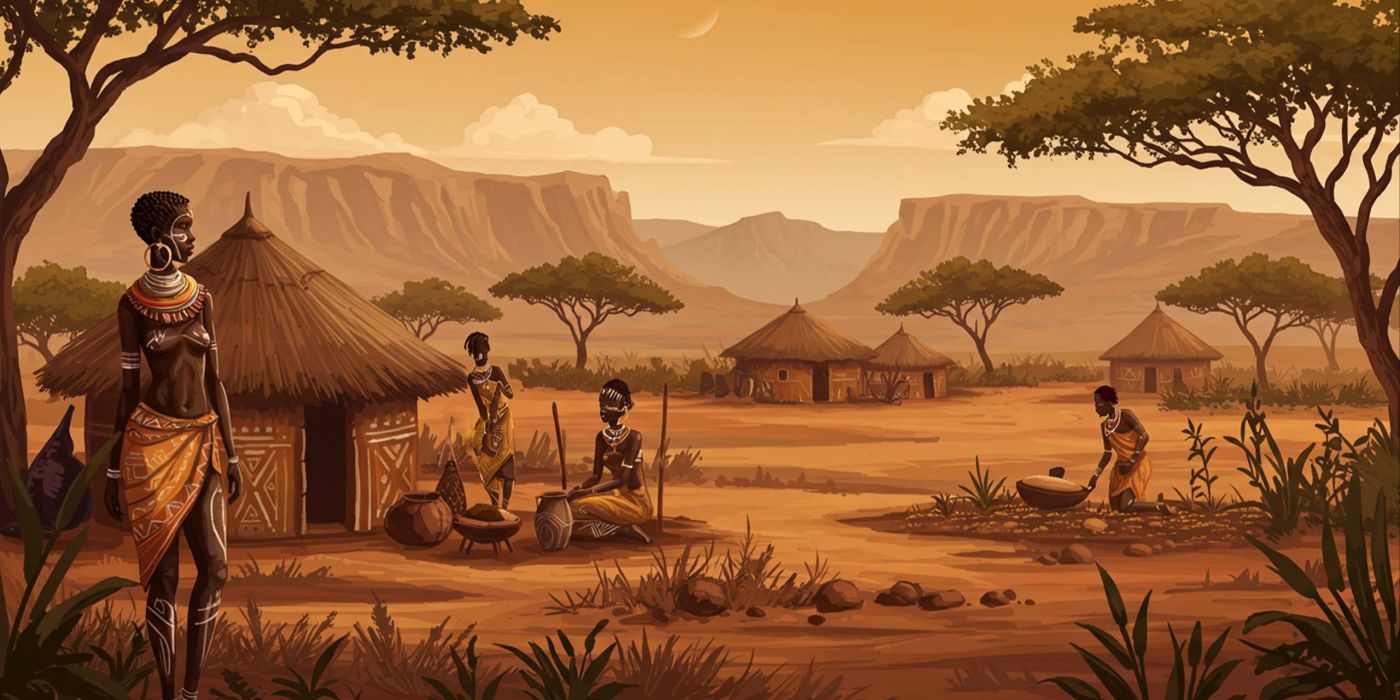 Ilustração retratando antigas tradições africanas de modificação corporal em um contexto cultural