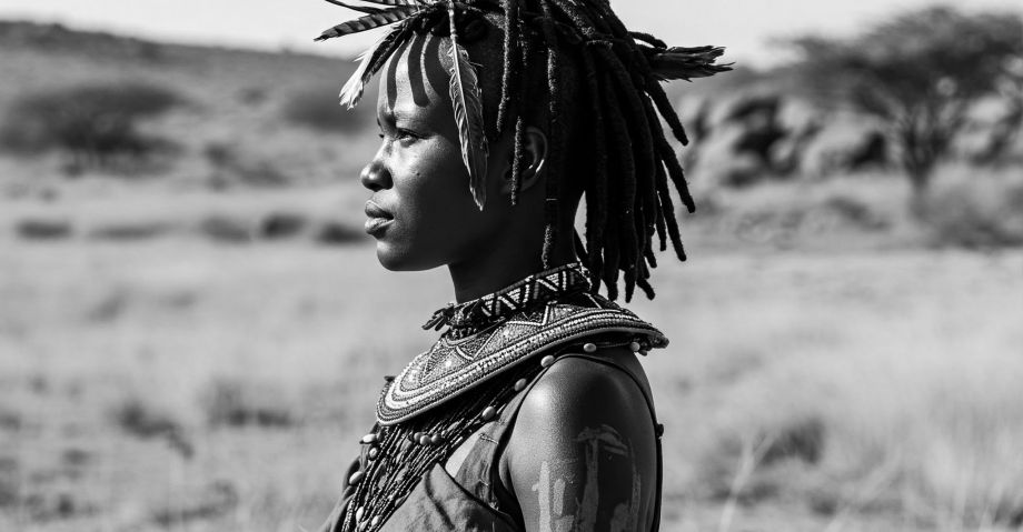 Khoisan woman standing in an open field.