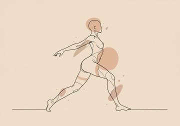 A minimal line-art silhouette of the female body, paired with soft geometric overlays showing "movement" or "mechanics.