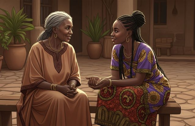 Femmes africaines plus âgées et plus jeunes assises ensemble et discutant, symbolisant la transmission des traditions d'allongement des lèvres.