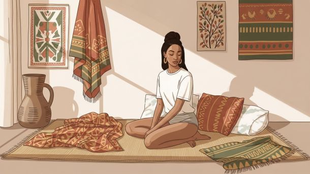 Femme se relaxant dans une chambre calme avec textiles inspir&eacute;s d'Afrique, se pr&eacute;parant &agrave; un rituel m&eacute;ditatif d'allongement des l&egrave;vres