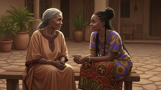 Femmes africaines plus &acirc;g&eacute;es et plus jeunes assises ensemble et discutant, symbolisant la transmission des traditions d'allongement des l&egrave;vres.