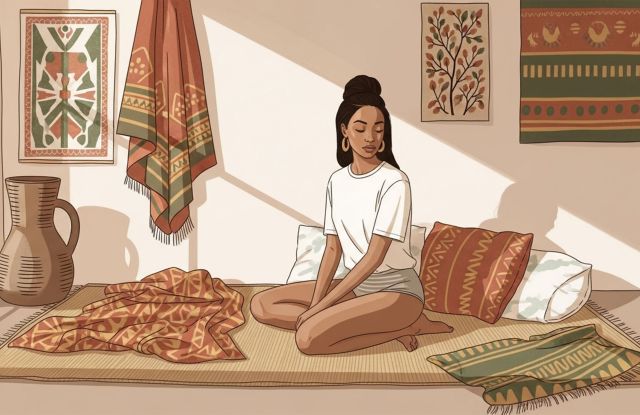 Woman relaxing in a calm bedroom with African-inspired textiles, preparing for a meditative labia stretching ritual
