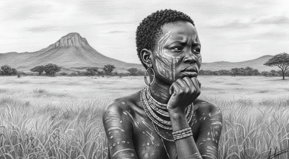 Educational illustration of a woman seated in nature, representing traditional and modern labia stretching practices across cultures.