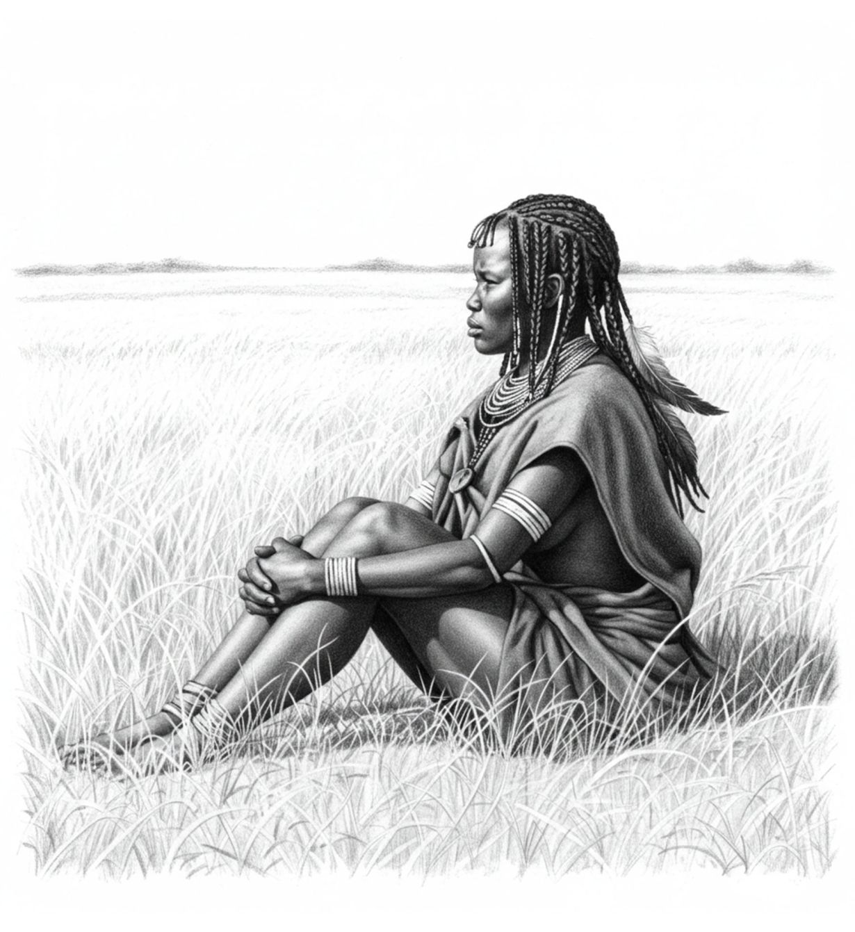 Eine Khoisan-Frau sitzt allein auf einem Grasfeld und symbolisiert traditionelle Praktiken unter Frauen in ihrer Gemeinschaft.