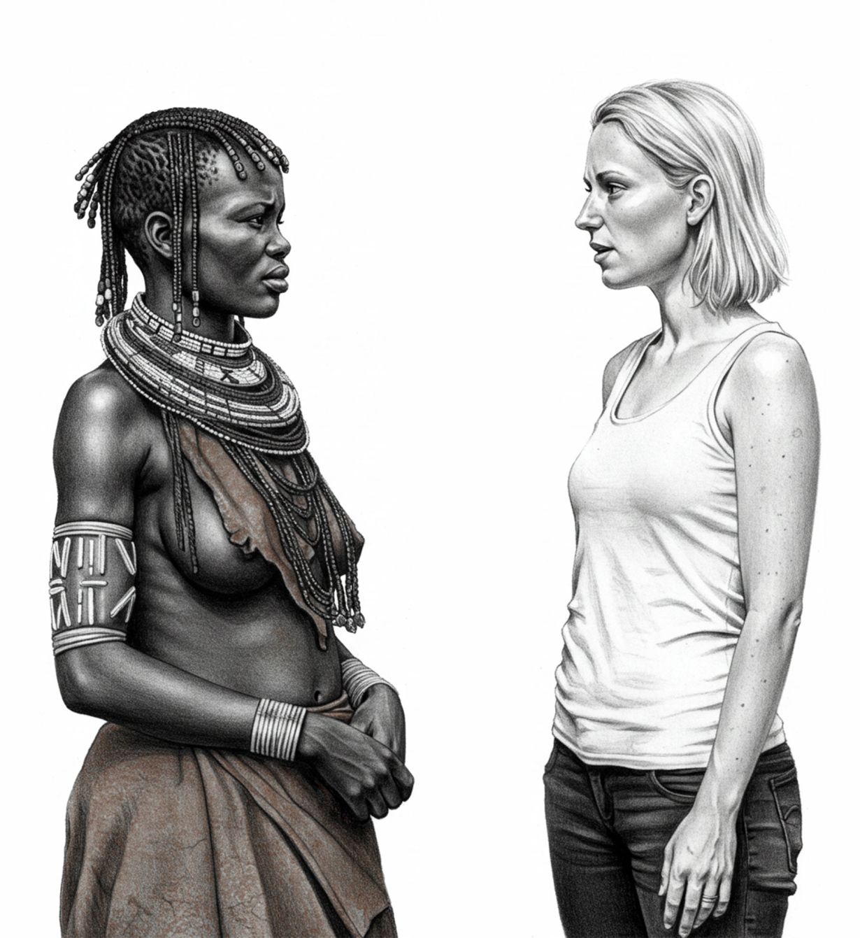 Mwanamke wa Khoisan akizungumza na mwanamke wa Magharibi, akishiriki maarifa kuhusu desturi za kitamaduni za kunyoosha labia.