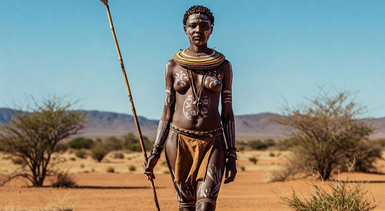 Uma mulher de ascend&ecirc;ncia africana de p&eacute;, com o corpo pintado e segurando uma lan&ccedil;a.