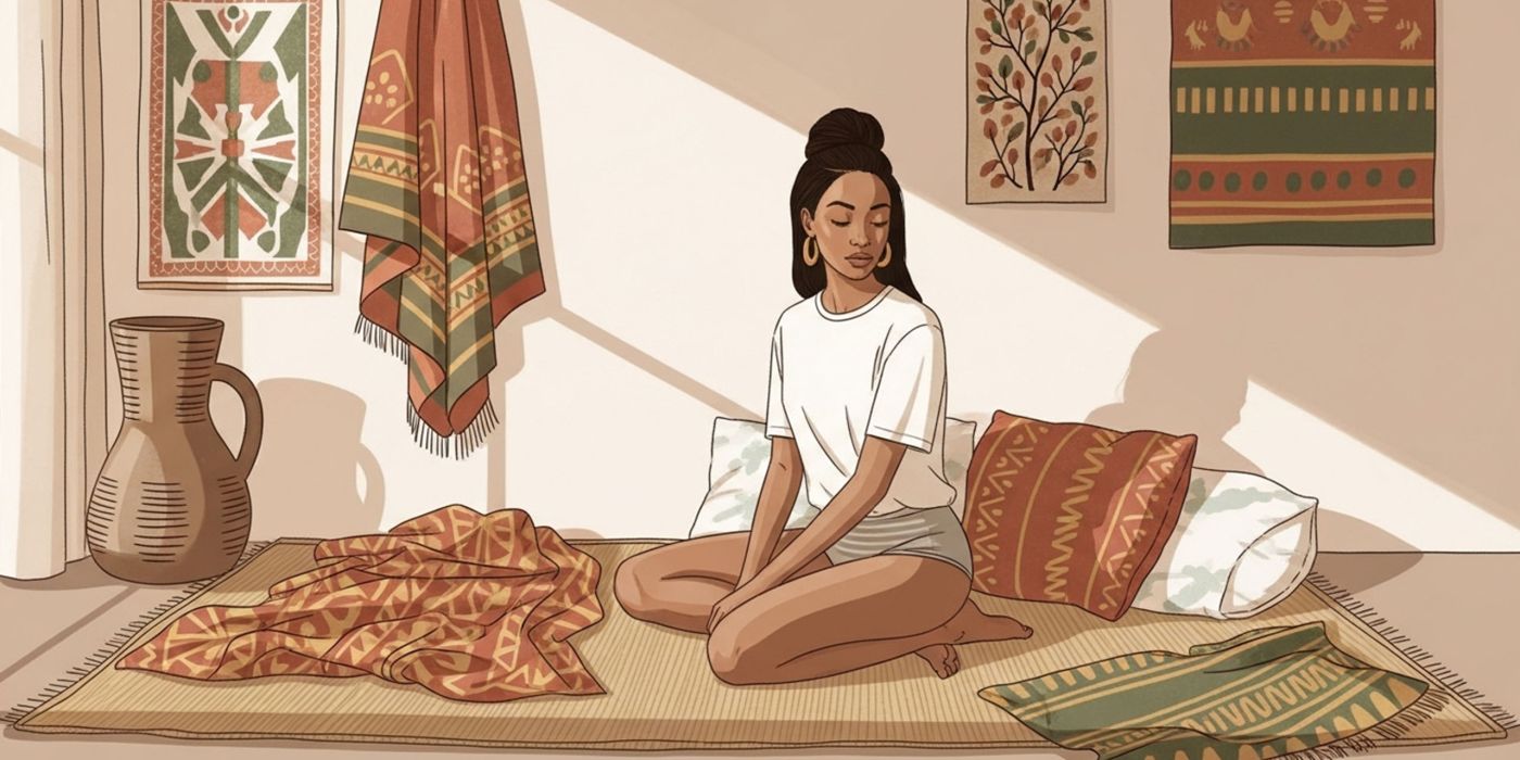 Mulher relaxando em um quarto calmo com tecidos inspirados na &Aacute;frica, preparando-se para um ritual meditativo de alongamento de l&aacute;bios