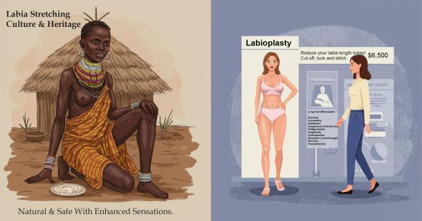 Ilustração do tabu do alongamento labial e estigma cultural