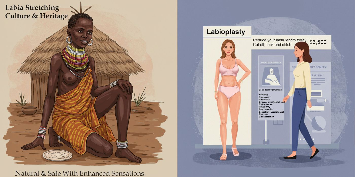 Ilustração do tabu do alongamento labial e estigma cultural
