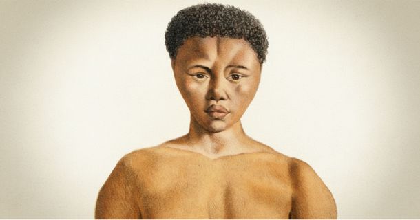 Uma representação histórica respeitosa de Sarah Baartman ou uma fotografia do seu memorial no Cabo Oriental, África do Sul.