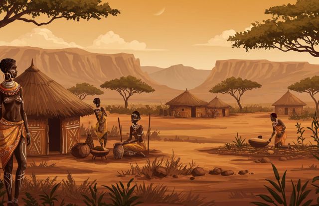 Mchoro unaoonyesha mila za kale za Kiafrika za urekebishaji wa mwili katika muktadha wa kitamaduni