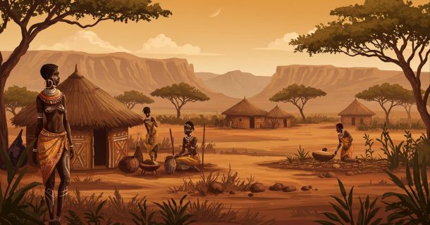 Mchoro unaoonyesha mila za kale za Kiafrika za urekebishaji wa mwili katika muktadha wa kitamaduni