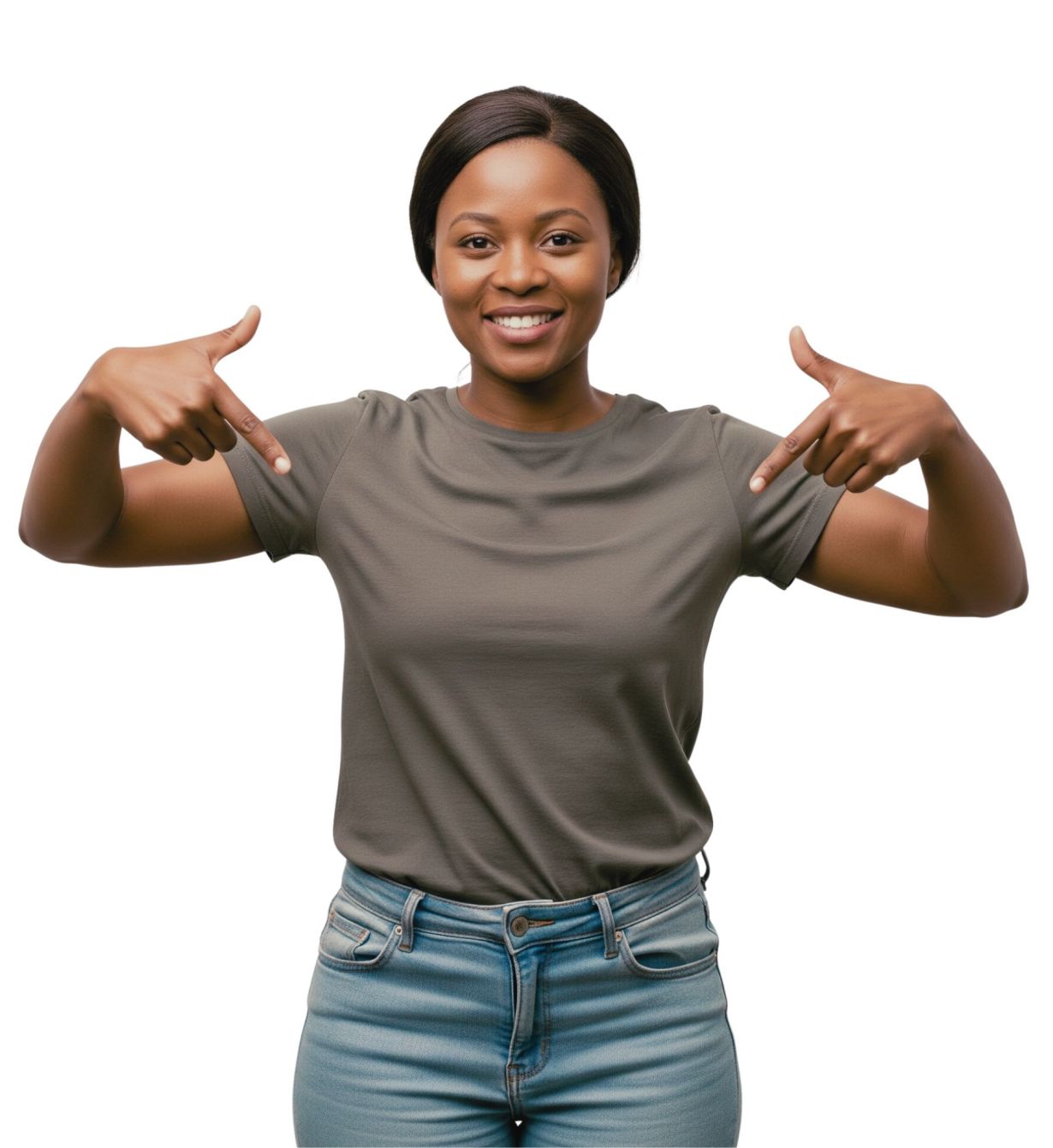 South African woman smiling and pointing to herself, indicating personal expression related to labia stretching practices