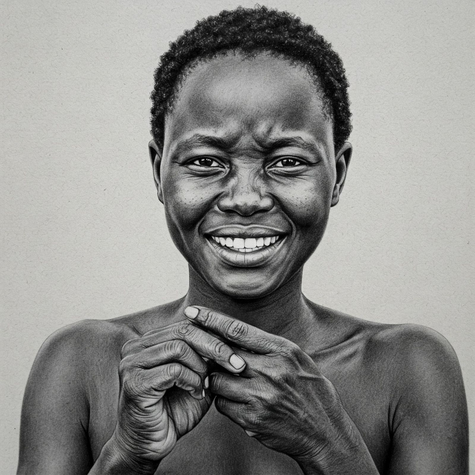 Illustrasie van 'n glimlaggende Khoisan-vrou wat haar hande opsteek om die handtegniek van labia-strekking te demonstreer.