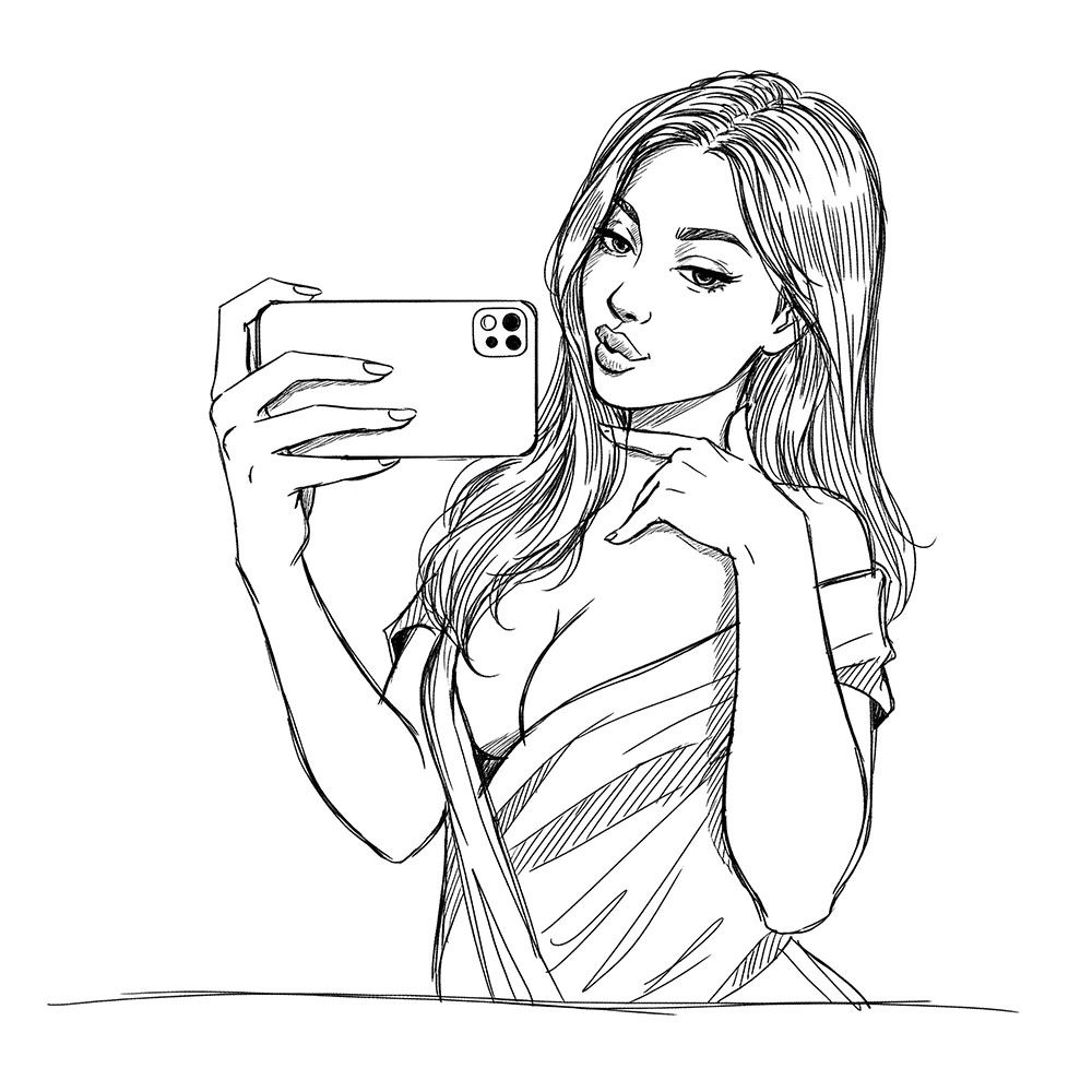 Zeichnung einer Frau mit einem Smartphone, die ein intimes Selfie von sich selbst macht, um es zu teilen.