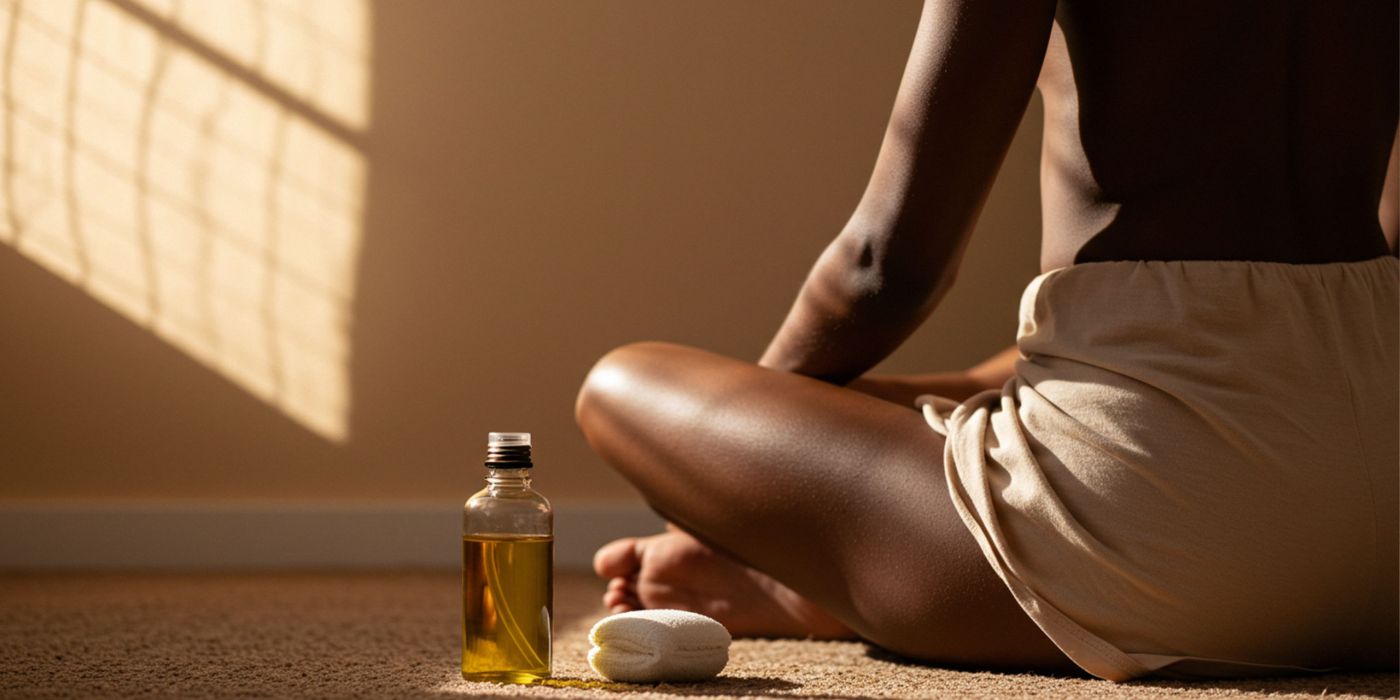 Konzept der sanften Selbstpflege und Wellness, das Labien-Dehnen für Anfängerinnen darstellt