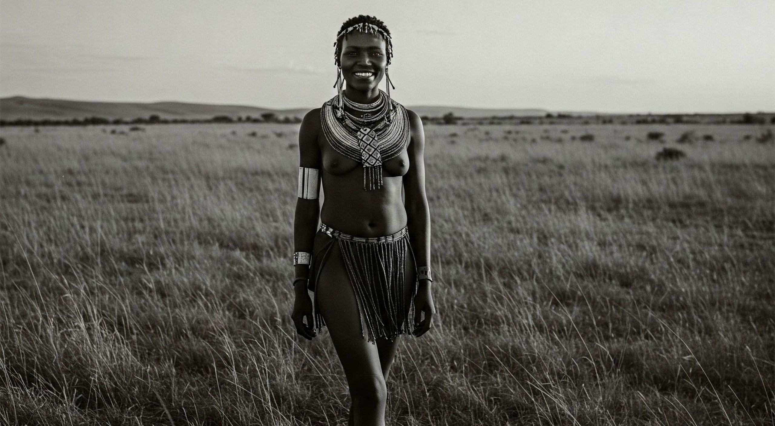 Mujer khoisan sonriente en un campo de pasto hablando sobre su experiencia con estiramiento labial.