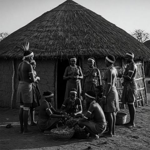 A group of Khoikhoi women wearing traditional clothing gathered outside a thatched hut, some standing and others working with grass in woven baskets as part of a communal activity.