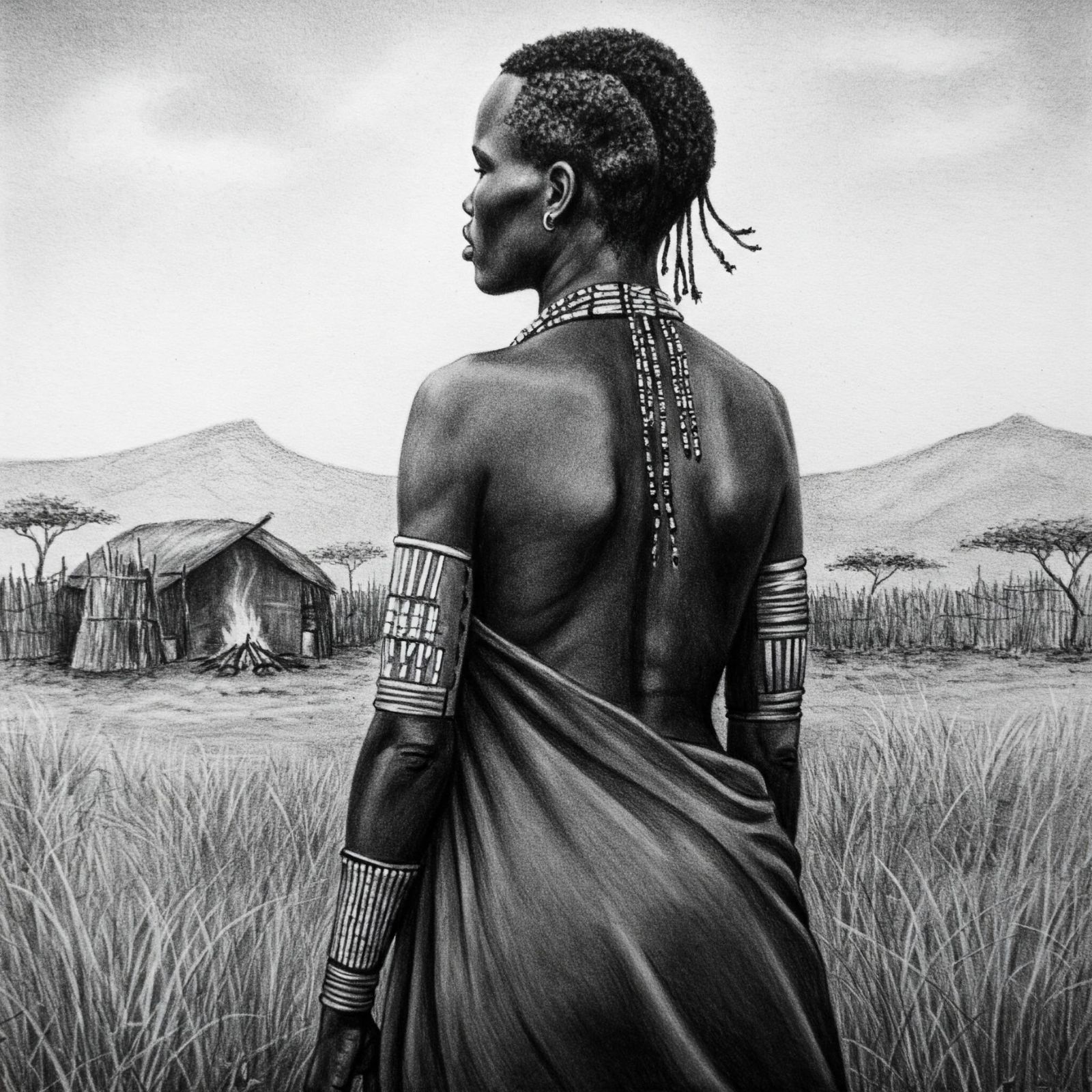 A black and white graphite drawing of a proud Khoisan woman standing tall, looking toward her hut with a lit fire burning, symbolizing her pride in her heritage and labia stretching practice.