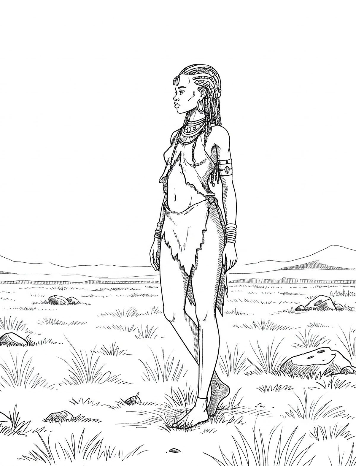 Ilustración de una mujer khoisán de pie en un campo, representando la preservación cultural