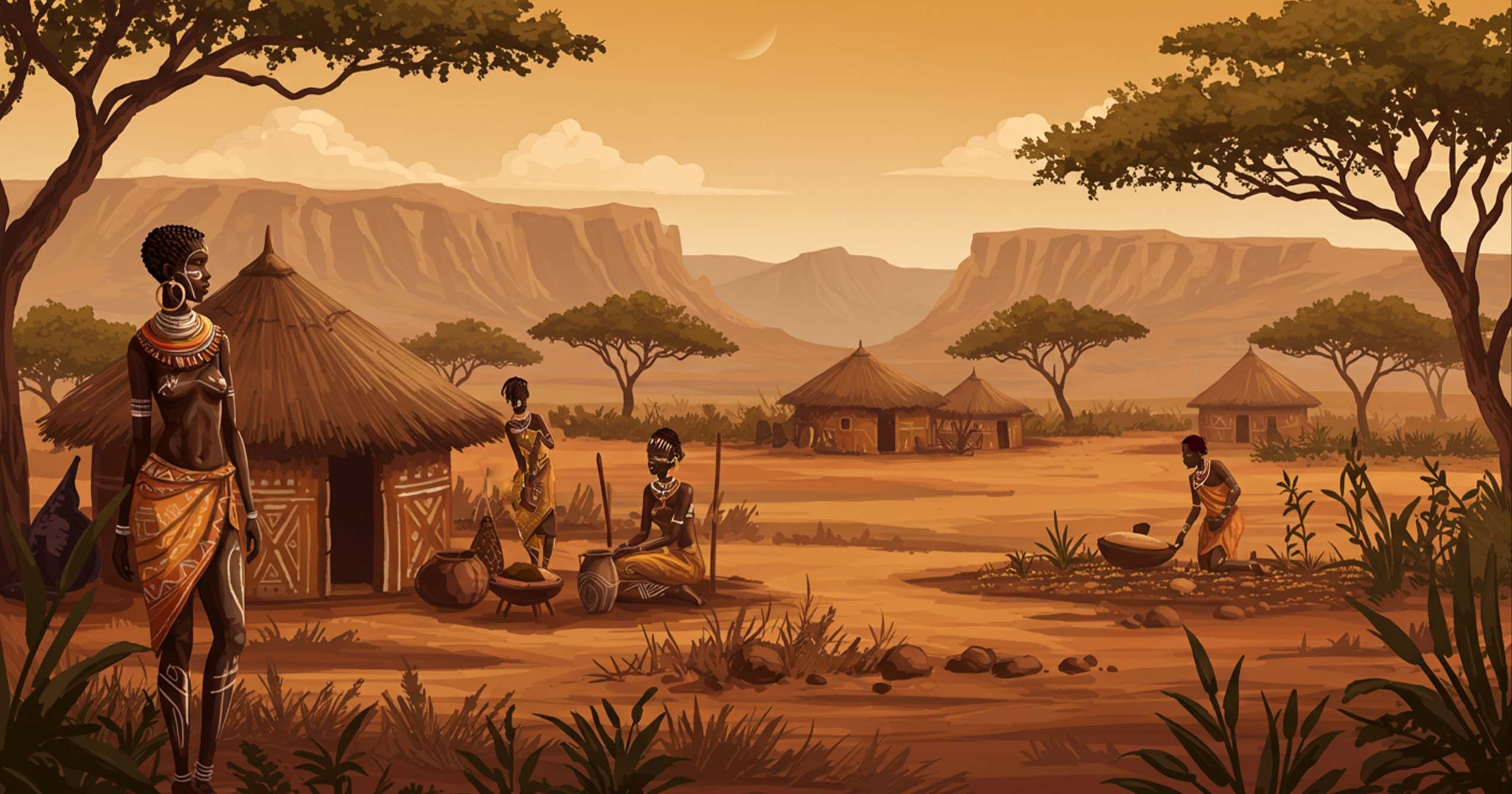 Ilustração retratando antigas tradições africanas de modificação corporal em um contexto cultural