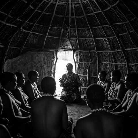 A Khoisan woman shares stories about elongated labia with other women inside a traditional hut, reflecting cultural heritage and feminine practices.